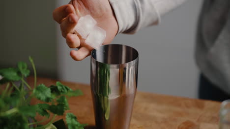 young male dropping ice cubes into cocktail mixer