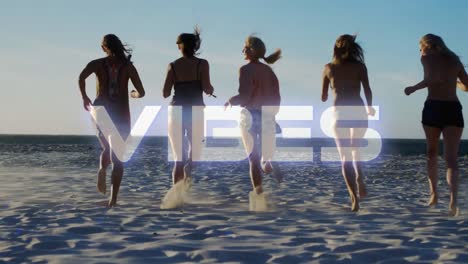 animation of text vibes over people by seaside