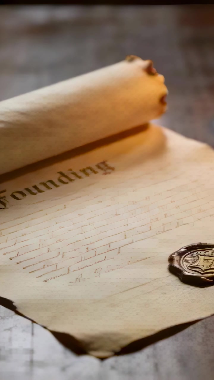 Vertical video: Panning cam revealing Founding parchment on desk, metal stamp pressing wax to seal