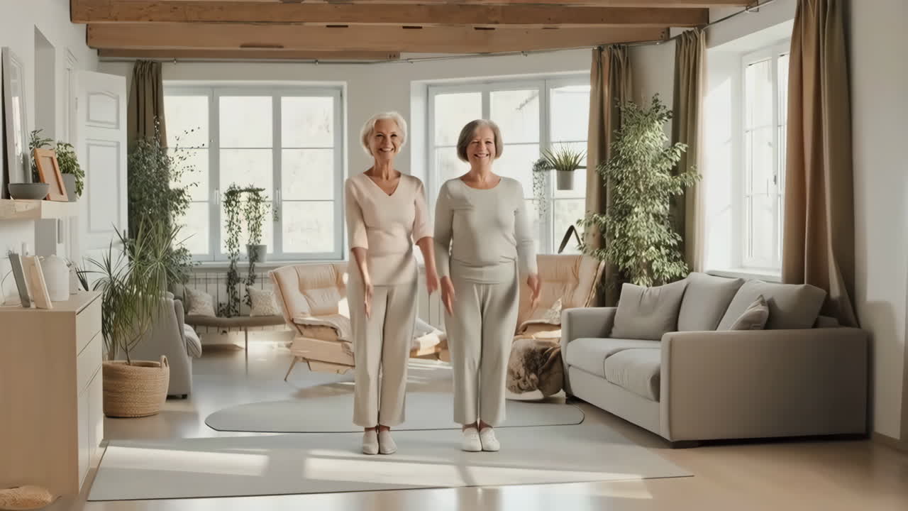 Two senior women doing home exercises