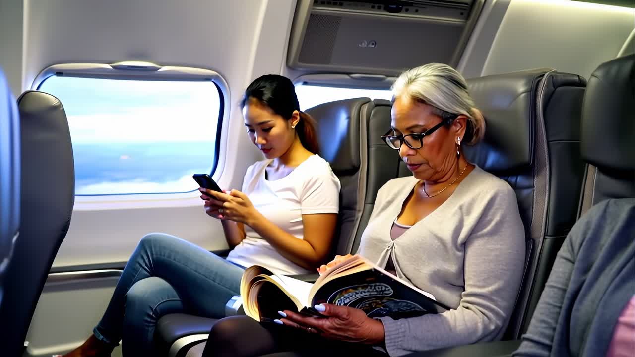 Two women are sitting in an airplane