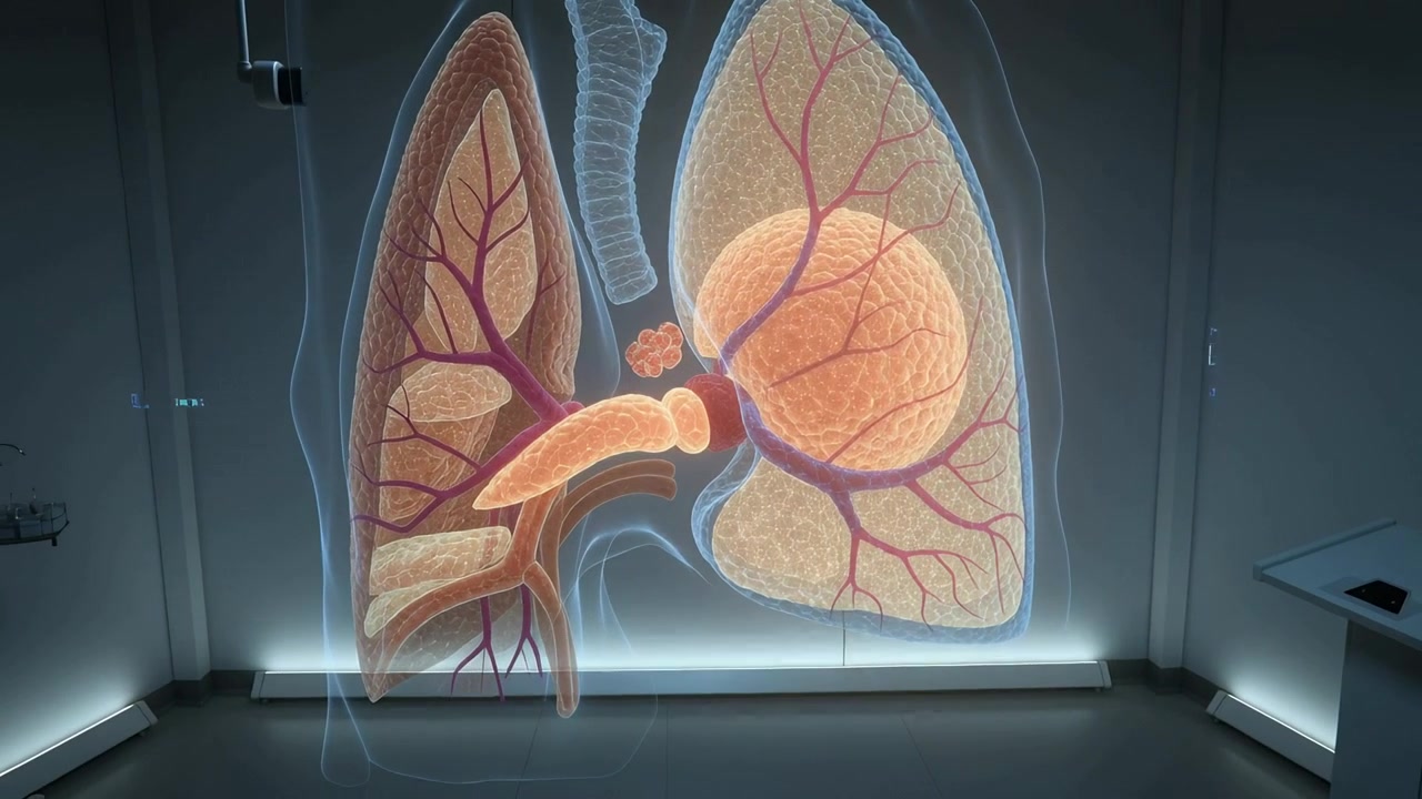 Animazione di polmoni olografici 3D che si sollevano su un pannello di vetro tramite un supporto touch in una mostra medica, mostrando una lesione