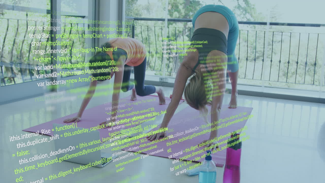 Animation of data processing over caucasian mother and daughter doing yoga