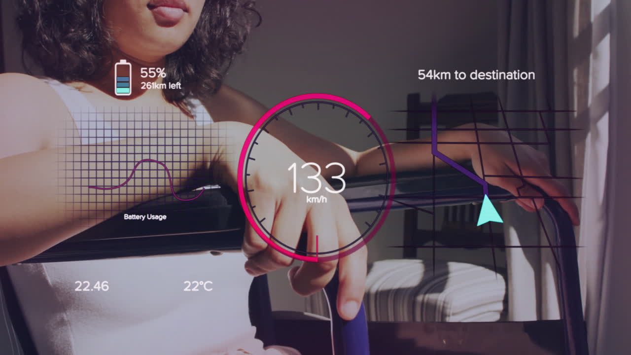 Animation of electric car travel interface over biracial woman in wheelchair