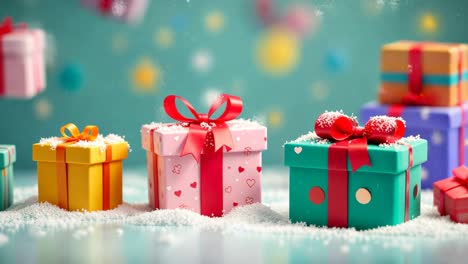 colorful gift boxes with snow