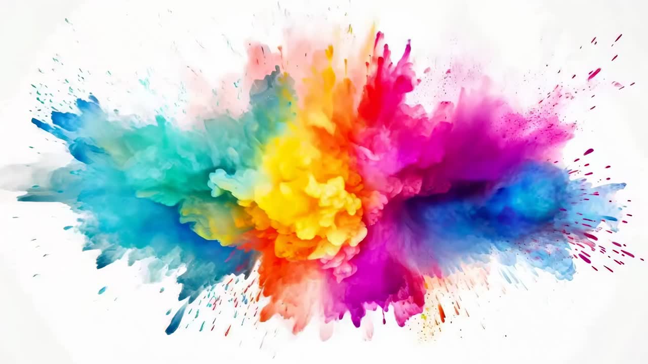 Vibrant explosion of colorful powder captured from a front-facing angle, resembling a dynamic video