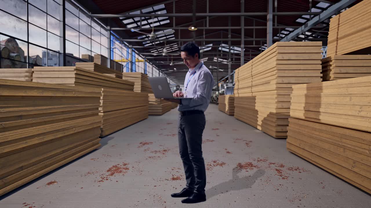 Full Body Side View Of An Asian Male Professional Worker Standing With His Laptop, Worker Inspecting Timber Warehouse, Typing On His Laptop'S Keybaord With Meditation
