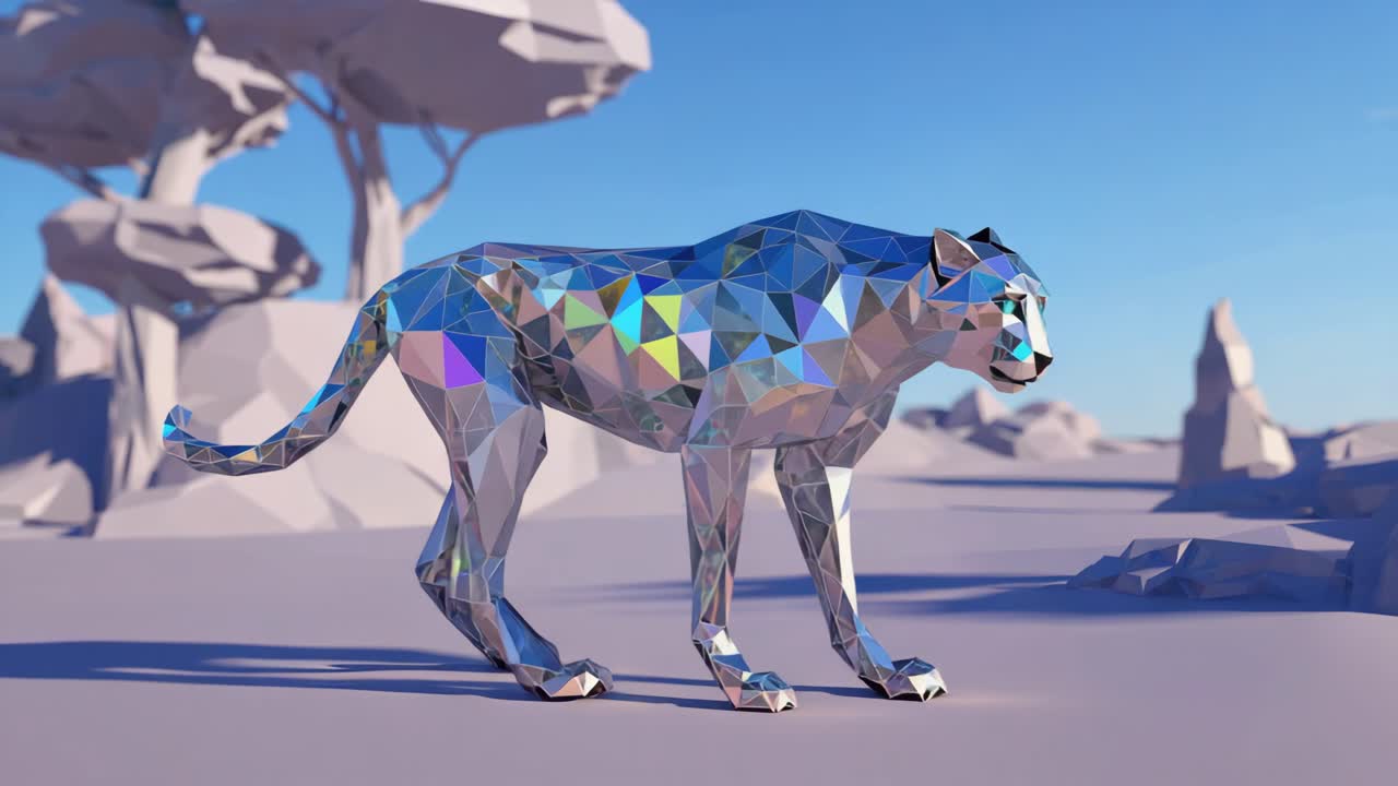 A low-poly faceted leopard in a natural environment