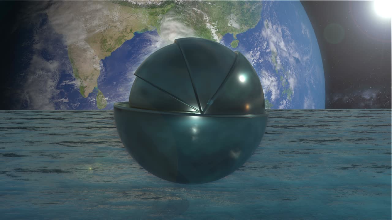 robot futurista en la superficie de la luna. concepto de tecnología alienígena. el planeta tierra en el fondo.