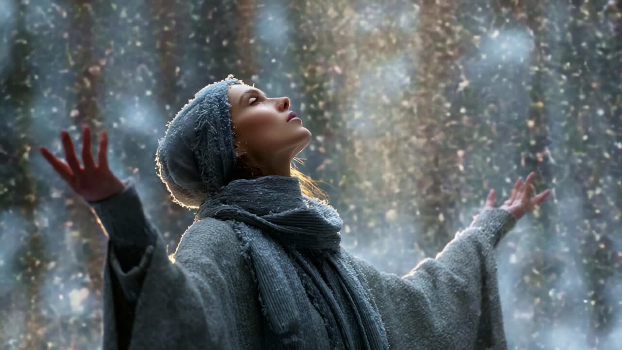 A serene woman stands gracefully in a snowy forest, arms outstretched, embracing the beauty of falling snowflakes and autumn leaves, evoking a sense of peace and wonder in nature's embrace