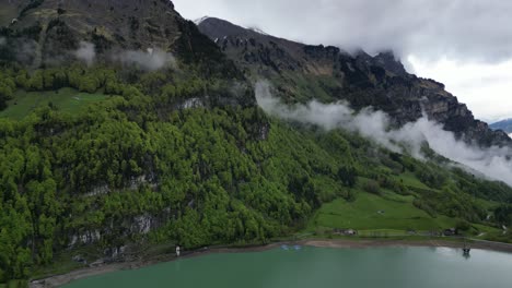 Wunderschöne-Luftaufnahmen-Von-Nebligen-Bergen-In-Der-Schweiz,-Die-Mit-Nadelbäumen-Bedeckt-Sind