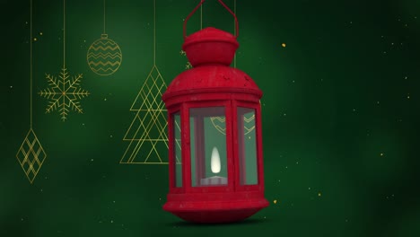 animación de linternas rojas sobre decoraciones de árboles de navidad sobre fondo verde