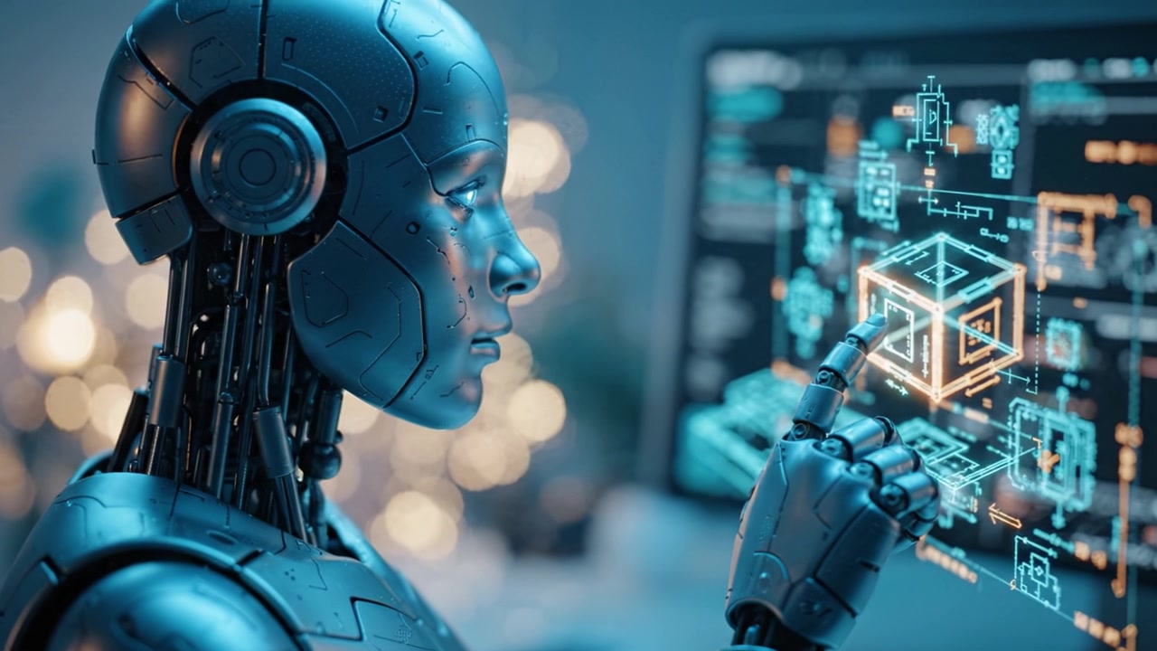 Futuristic robotic figure analyzing complex digital data displayed on an advanced computer screen, showcasing cutting-edge technology in a modern environment.
