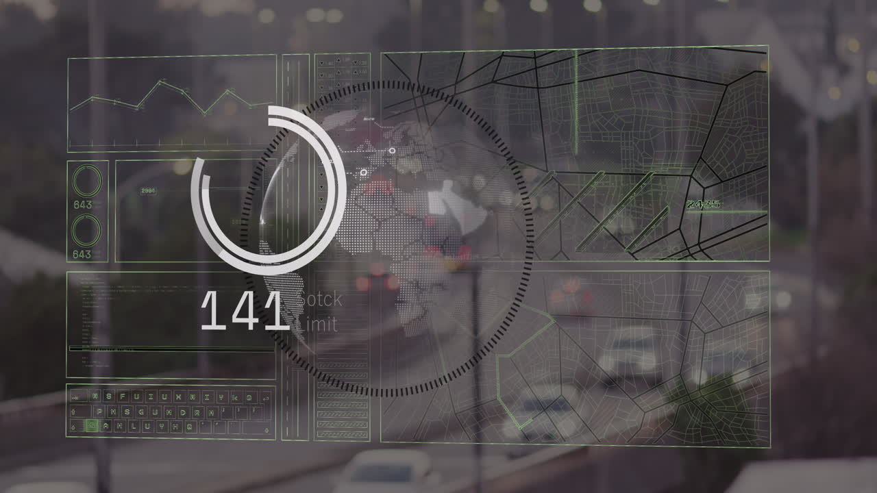 Animation of globe and data processing over cityscape