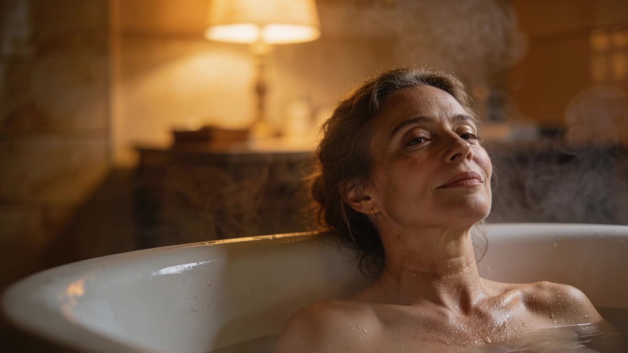 Bathing bare-shouldered woman tilting, opening eyes in bath, steam rising from tub by lamp calming