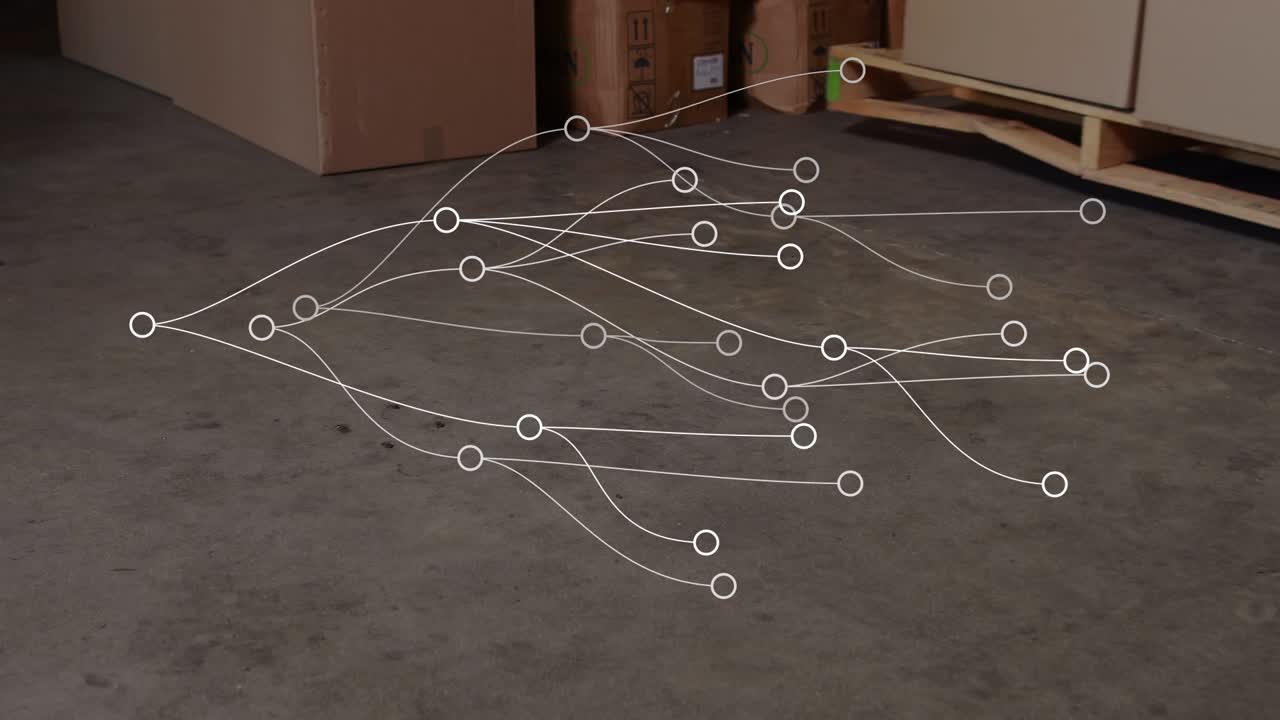 Animation of network of connections over boxes in warehouse