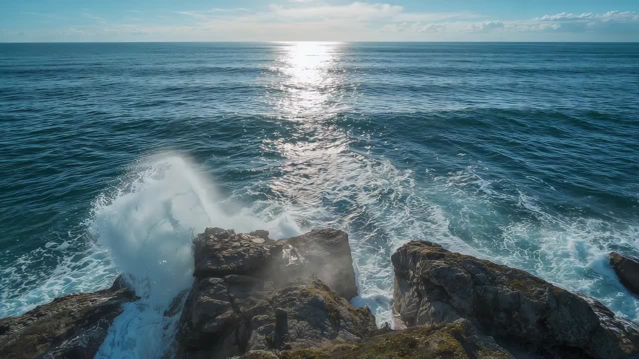 Onda di risacca che si infrange colpendo l'affioramento umido sul promontorio, rivelando la roccia al largo e il riflesso del sole