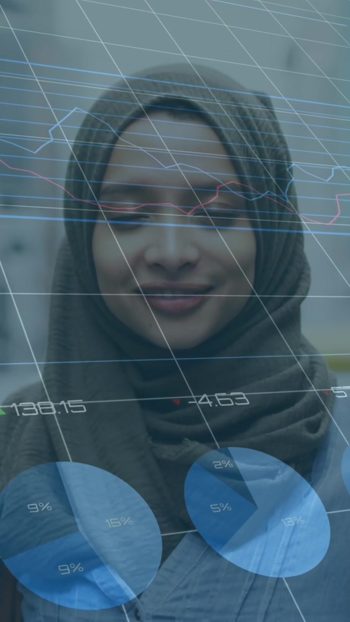 Animazione di elaborazione dati statistici su un ritratto di donna con hijab che sorride per strada.