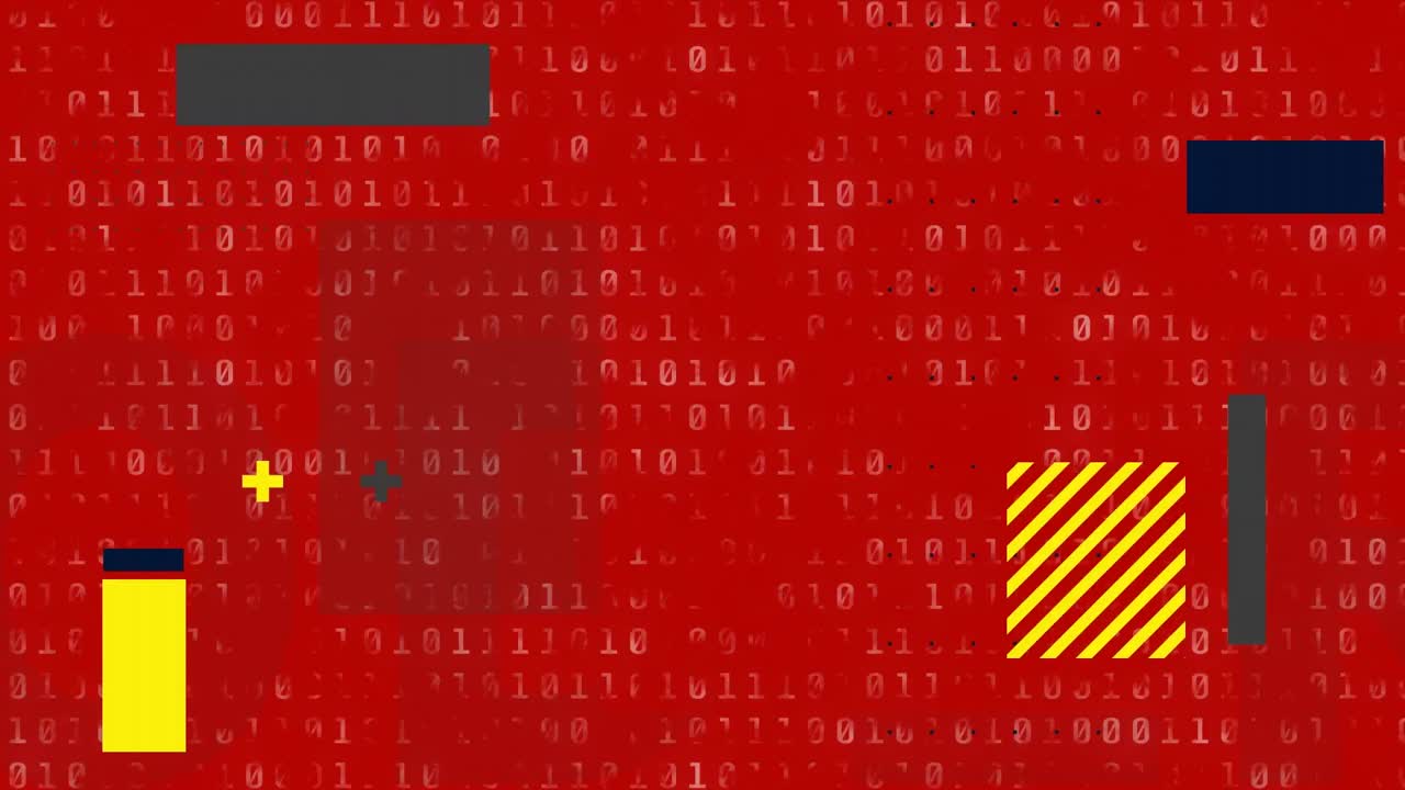 Animation of abstract shapes over binary coding data processing against red background