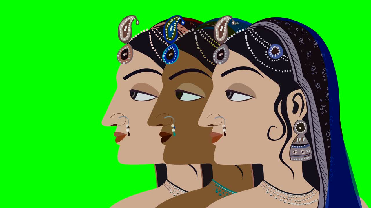 3 donne indiane indù tradizionali su uno schermo verde