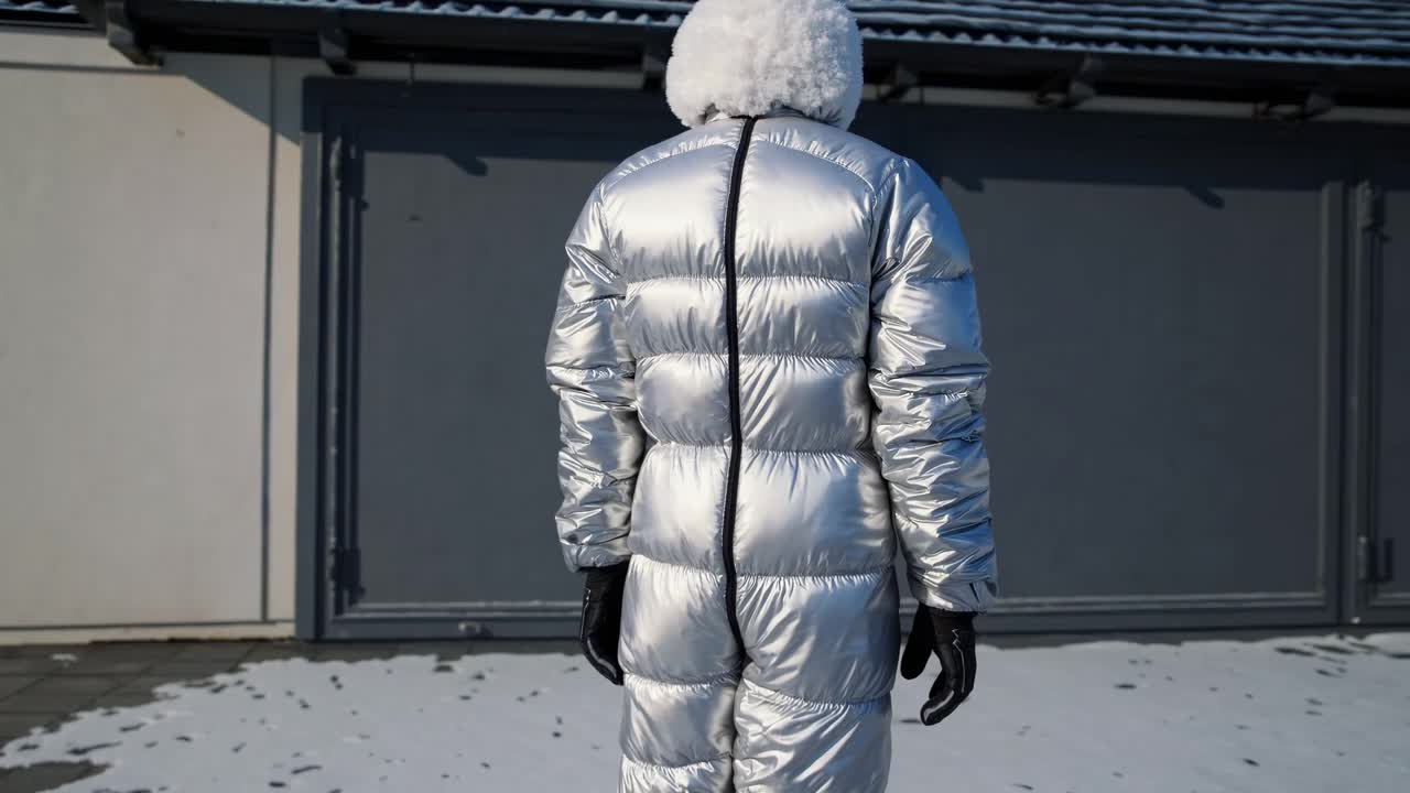 Woman in a silver puffer jumpsuit in winter