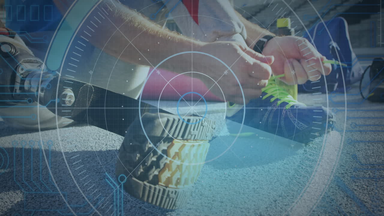 인공 다리 고정 신발을 가진 백인 남성 위의 스 스캔의 애니메이션