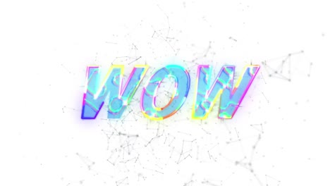 animación de texto wow en letras brillantes rosadas y amarillas sobre redes de conexiones