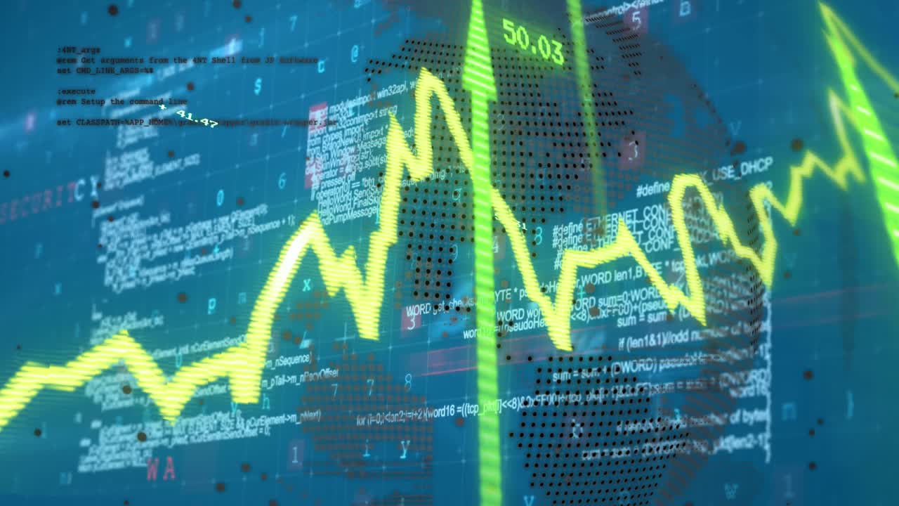 animación del procesamiento de datos financieros con gráfico y globo terrestre sobre fondo azul