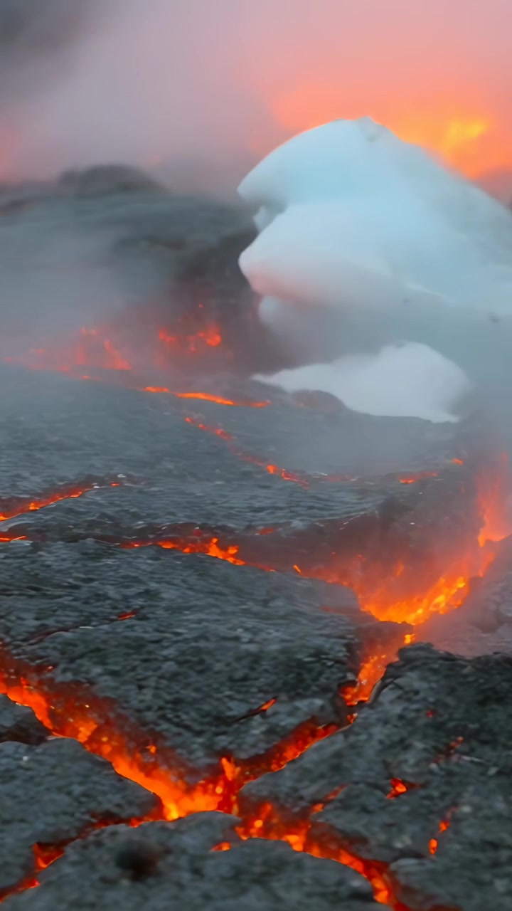Vertikal video: Damp som velter ut fra lavasprekker på et lavafelt, med en hvit masse som smelter ved kontakt.