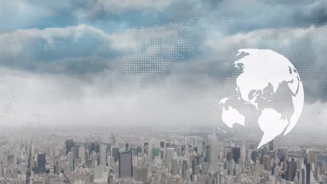 animation of digital globe with world map over aerial view of cityscape against cloudscape