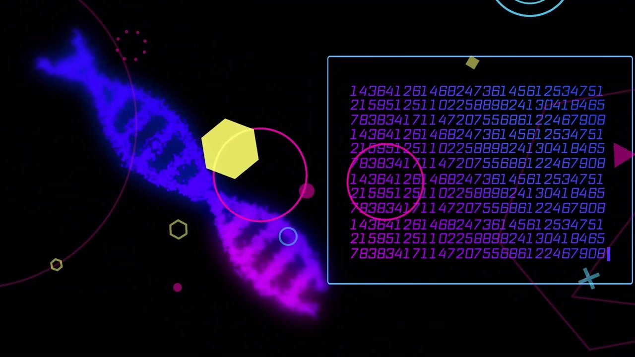 Neon rings appearing, double-helix emerging and pulsing while data panel updating visualizing data