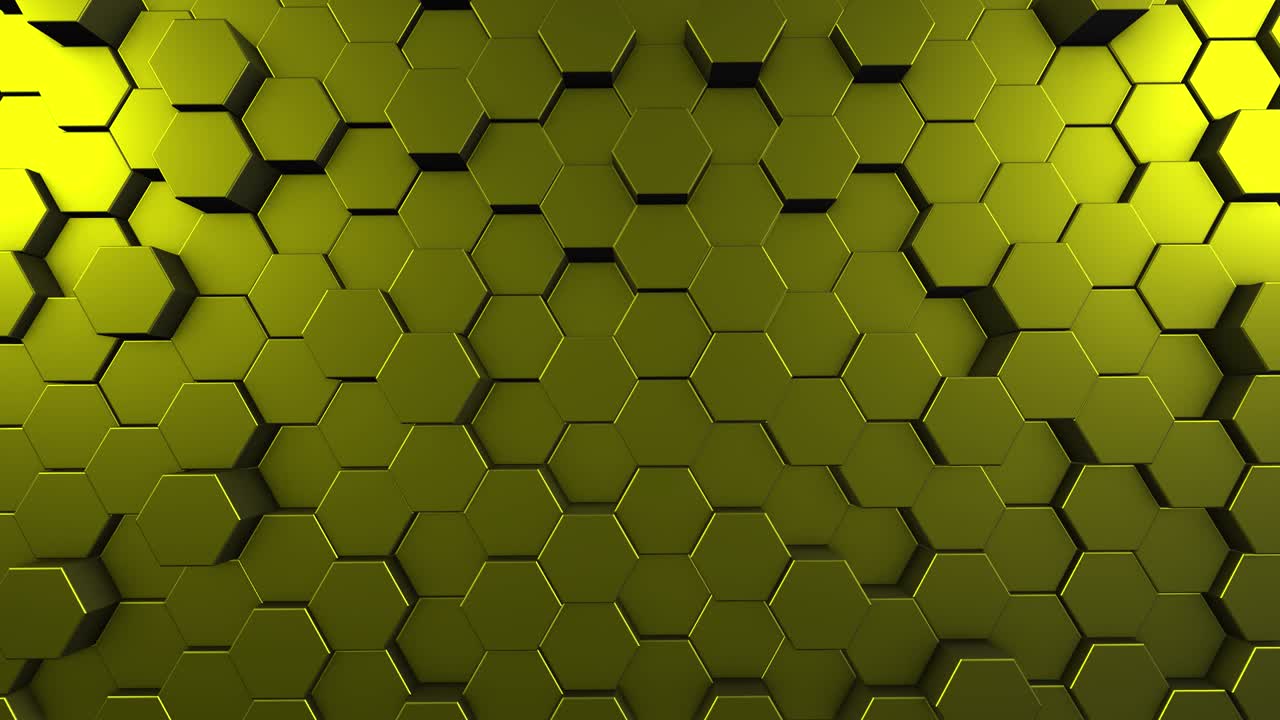 4k hexágonos en la superficie morphing con una fuerte iluminación en animación 3d sin costuras, fondo de diseño de movimiento abstracto - formas abstractas (loopable) - patrones hexagonales moviéndose al azar - color amarillo - calzada del gigante y calzada costera