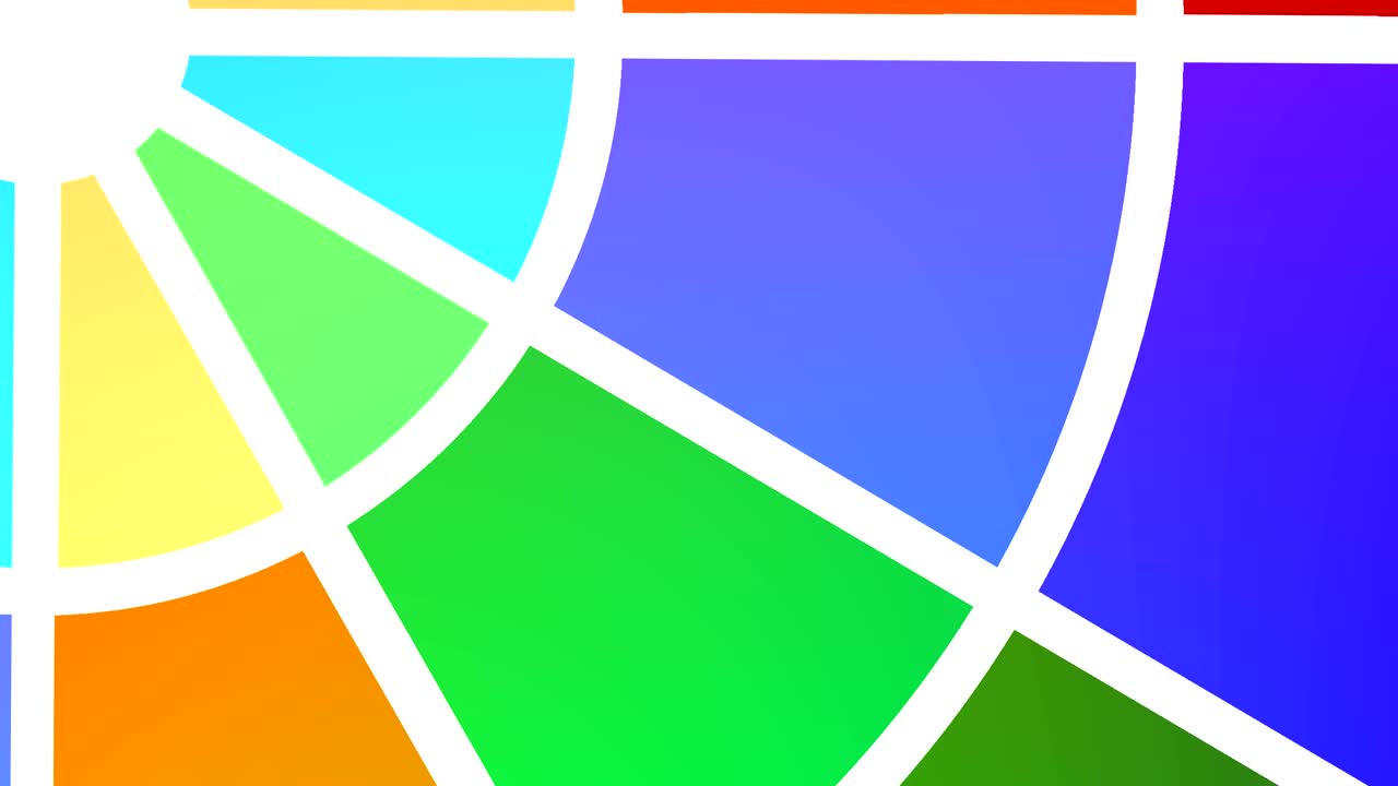 다양한 색의 원형 물체 유형 팬, 시계 방향으로 회전하며, 좌측 상단에 커 포인트가 위치하여 전체 배경을 고 있습니다.