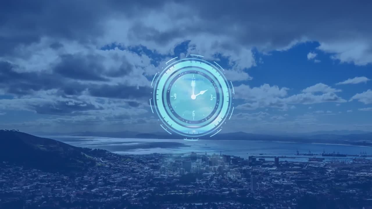 풍경 위에서 빠르게 움직이는 시계의 애니메이션