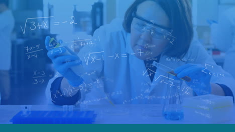adn y ecuaciones matemáticas sobre un científico llevando a cabo un experimento.