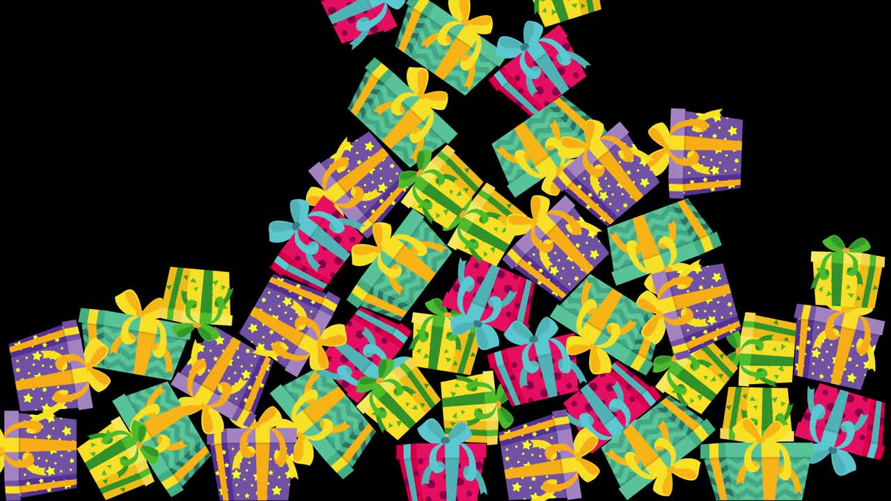 Scatole regalo di diverse forme e colori con nastri che cadono su sfondo trasparente