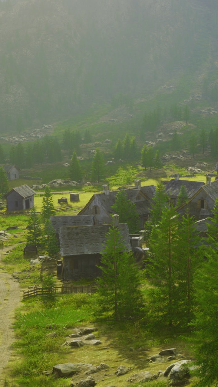 Green valley with houses and trees under cloudy sky in mountains