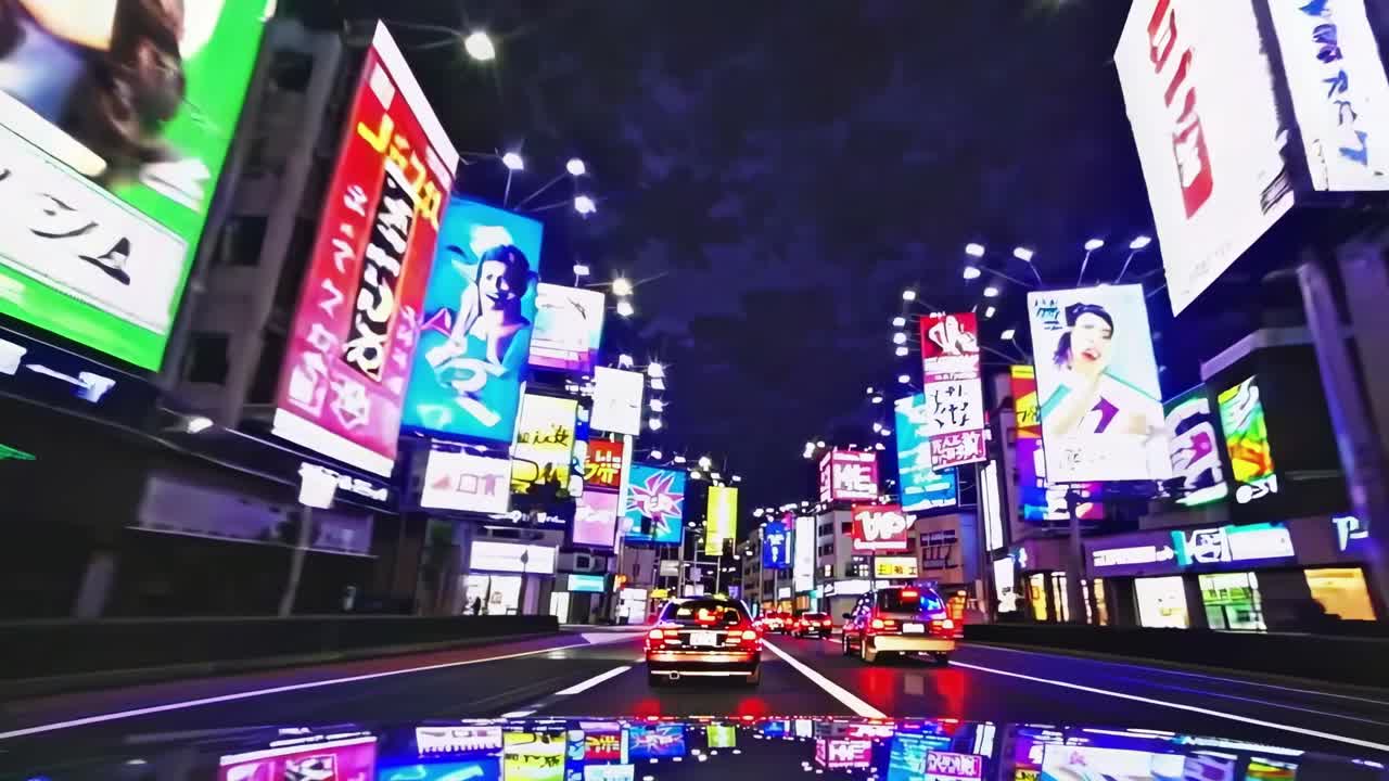 Vídeo dinâmico de paisagem urbana à noite, com letreiros de neon vibrantes. Close-up de baixo, filmado de um carro em movimento