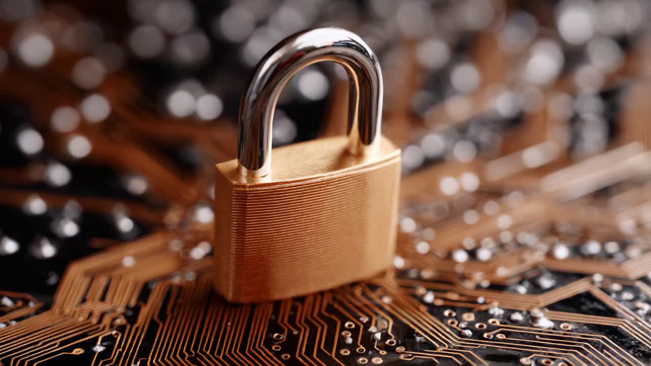 A golden padlock placed on a complex circuit board, symbolizing security and protection in the digital age. Unlocking safety in technology and data management