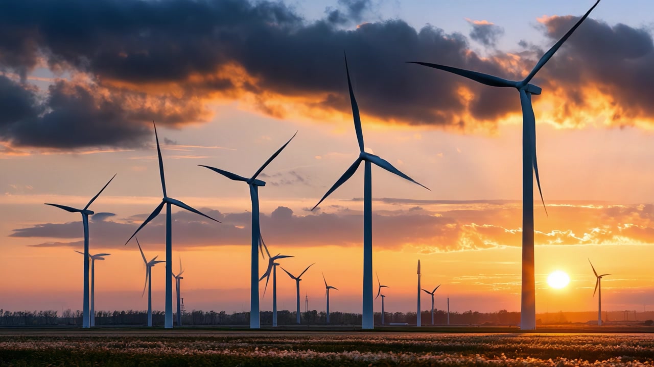 Majestic Wind Turbines Silhouetted Against a Vibrant Sunset, Showcasing Renewable Energy's Promise in a Serene Landscape