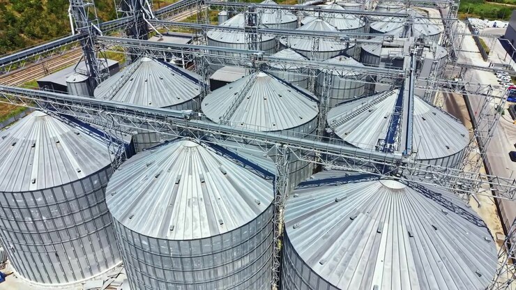 Impianti di stoccaggio del grano situati vicino a un'area agricola durante una giornata di sole