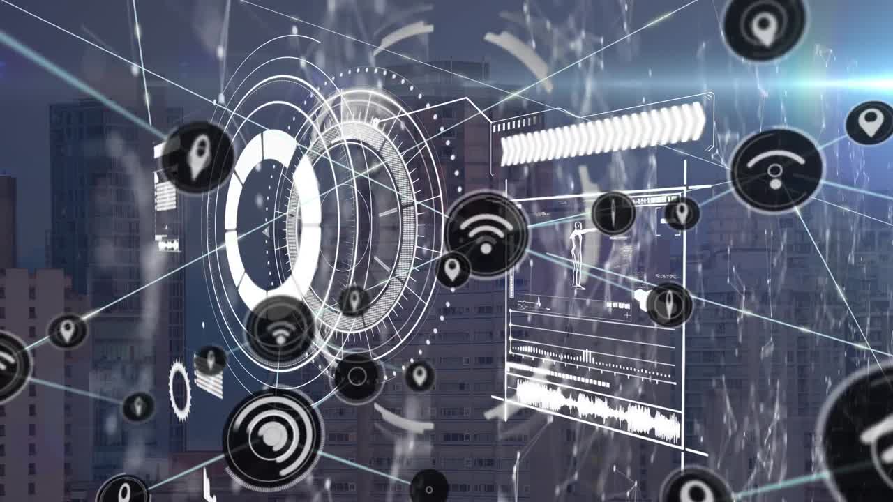 Animation of network of connections with icons and scope scanning over cityscape