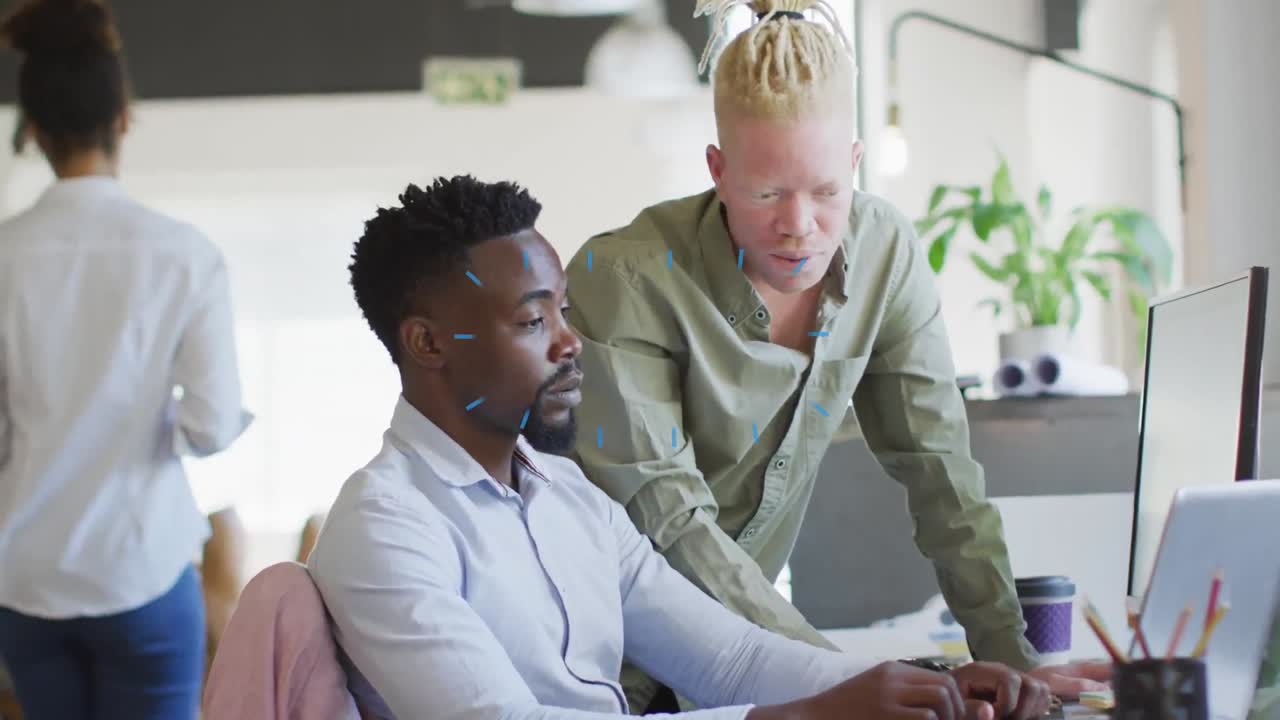 Animation of shapes icons over diverse business people talking