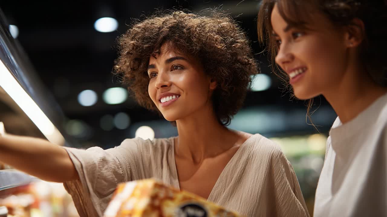 Two Friends Enjoying Shopping Together in a Grocery Store, Engaging in a Delightful Experience as They Browse Through the Aisles and Select Items While Smiling Cheerfully at Each Other