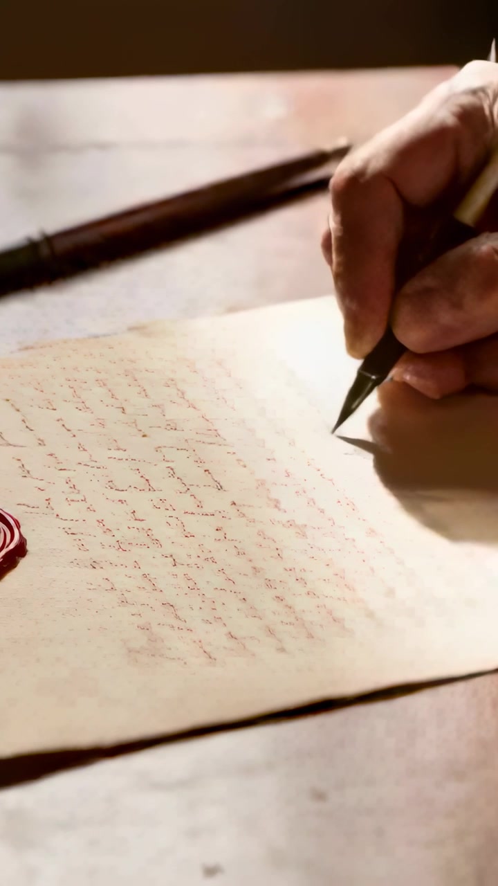 Vertical video: Lowering nib, right hand writing cursive letter on parchment, wax seal, copy space