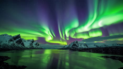 vibrant aurora borealis dancing over snow-capped mountains and lake reflections