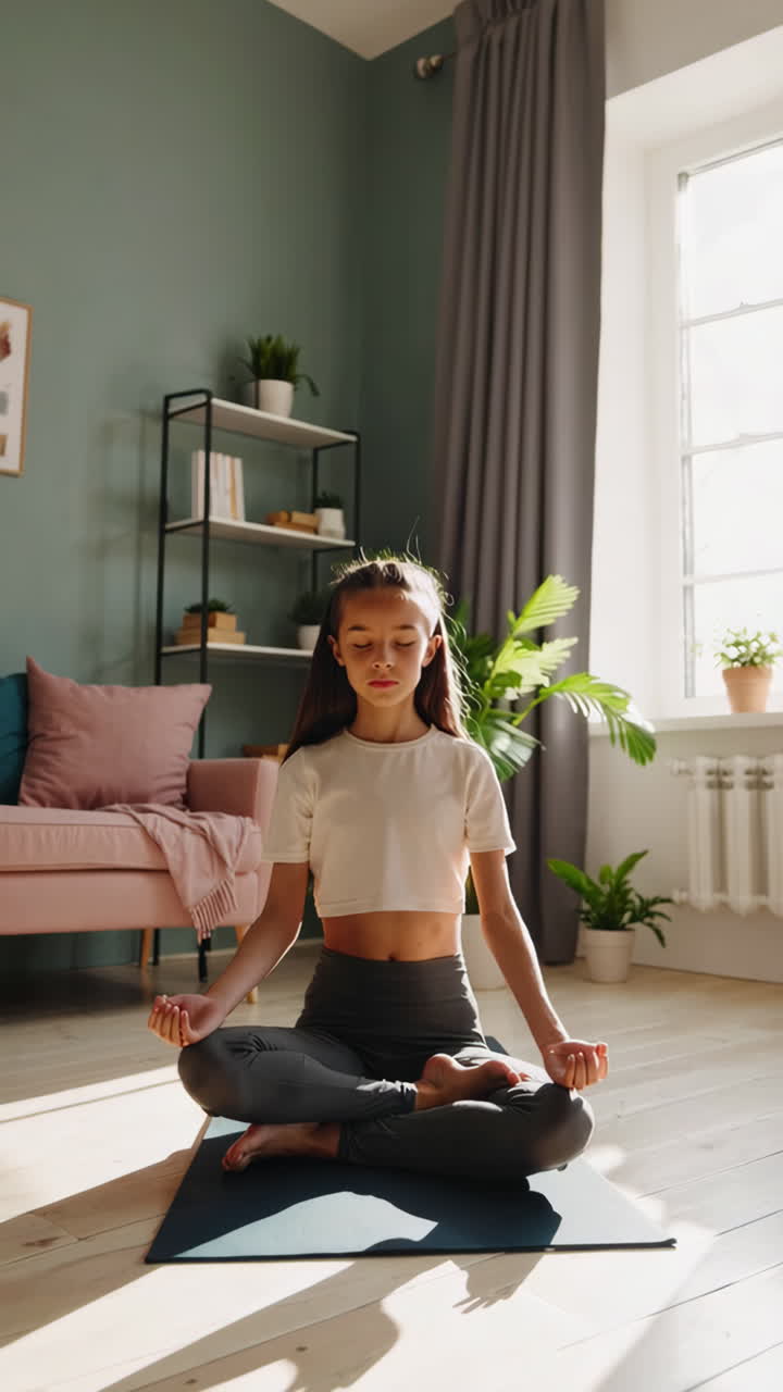 Young Woman Meditating in a Sunny Living Room