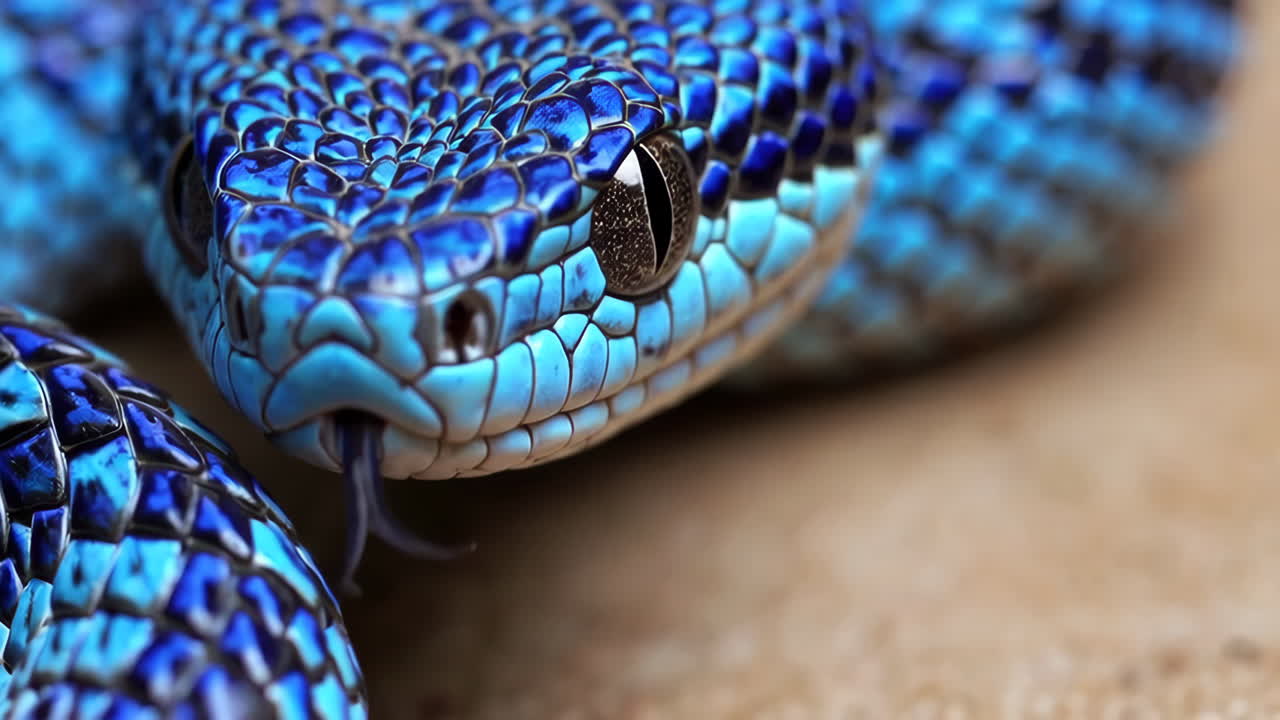 Close-up of a vibrant blue snake with its tongue flicking
