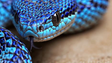 close-up of a vibrant blue snake with its tongue flicking
