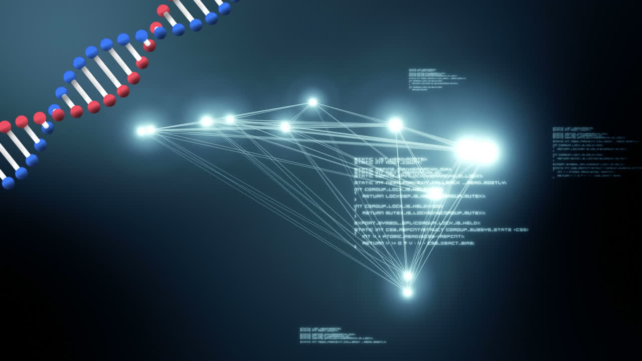 Animation of a DNA strand rotating with network of connections in the background